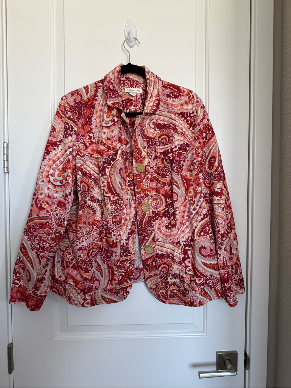 Coldwater Creek Paisley Cotton Denim-Style Jacket Blazer Red Pink Plus Size W18